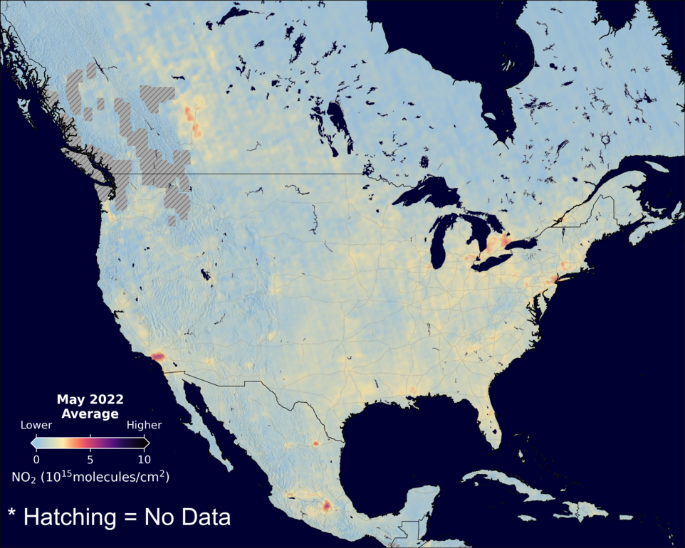 An average nitrogen dioxide image over NorthAmerica for May 2022.