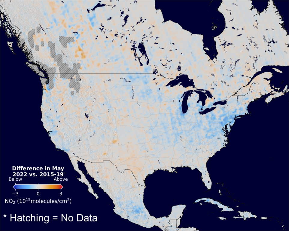 The average minus the baseline nitrogen dioxide image over NorthAmerica for May 2022.