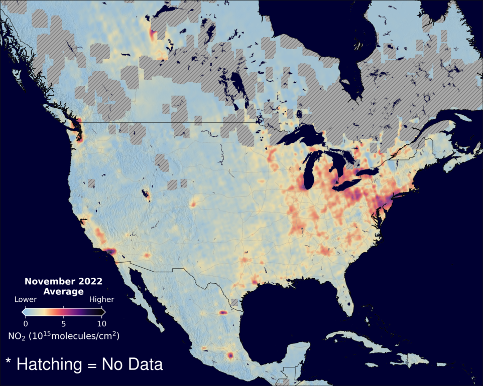 An average nitrogen dioxide image over NorthAmerica for November 2022.