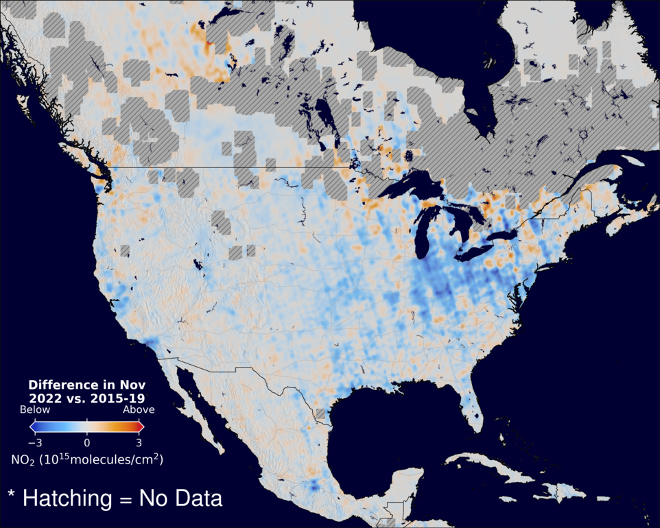 The average minus the baseline nitrogen dioxide image over NorthAmerica for November 2022.