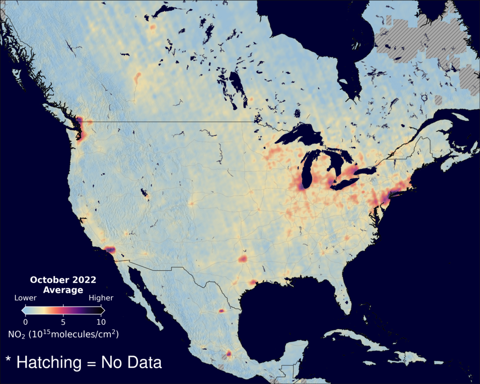 An average nitrogen dioxide image over NorthAmerica for October 2022.