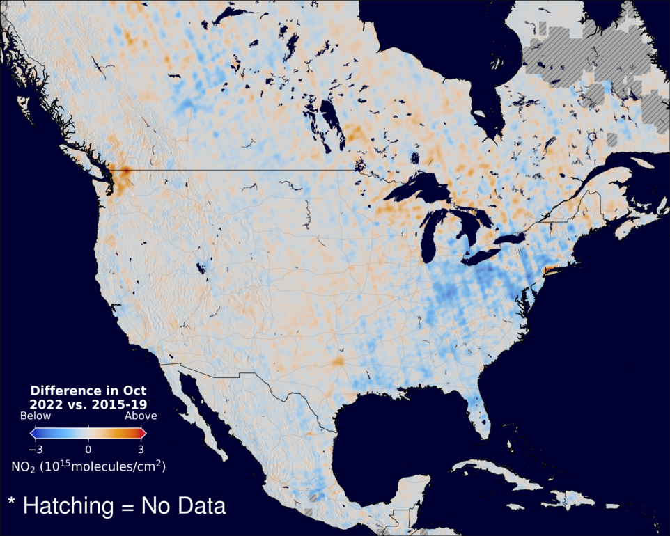 The average minus the baseline nitrogen dioxide image over NorthAmerica for October 2022.