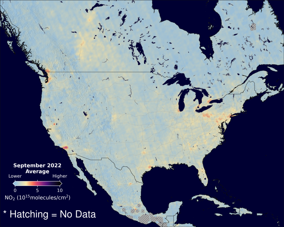 An average nitrogen dioxide image over NorthAmerica for September 2022.