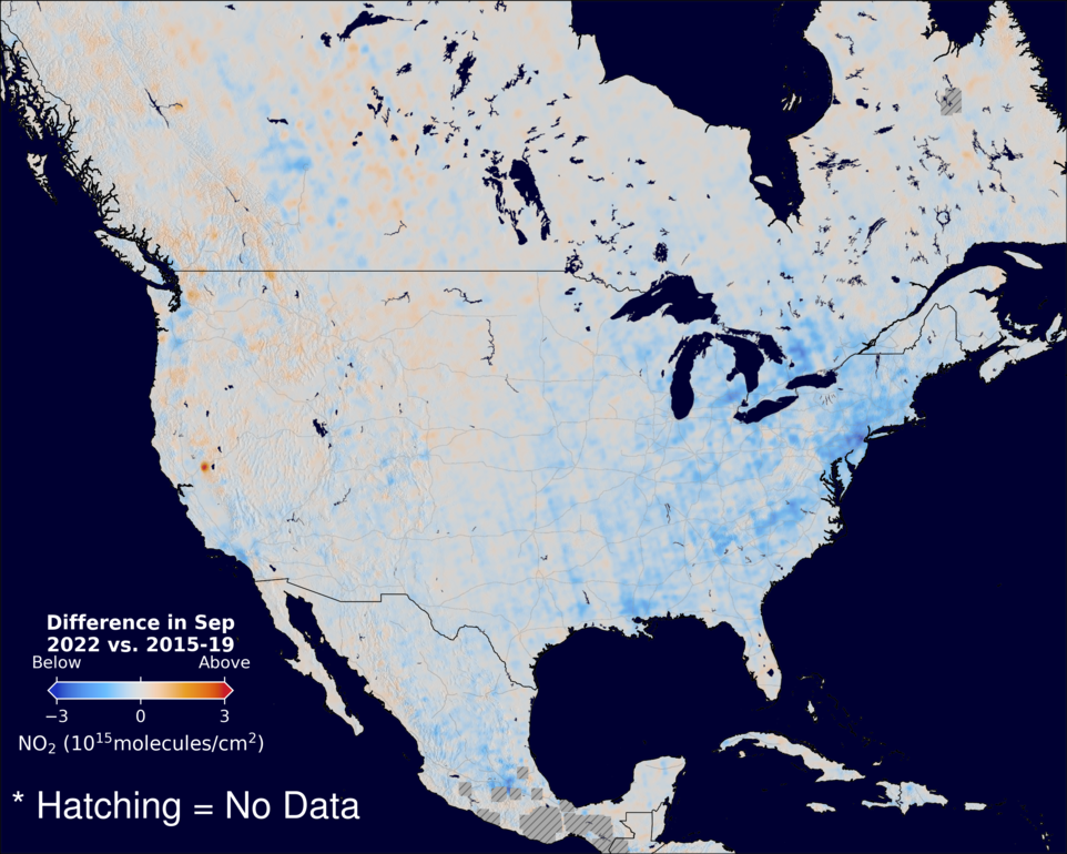 The average minus the baseline nitrogen dioxide image over NorthAmerica for September 2022.