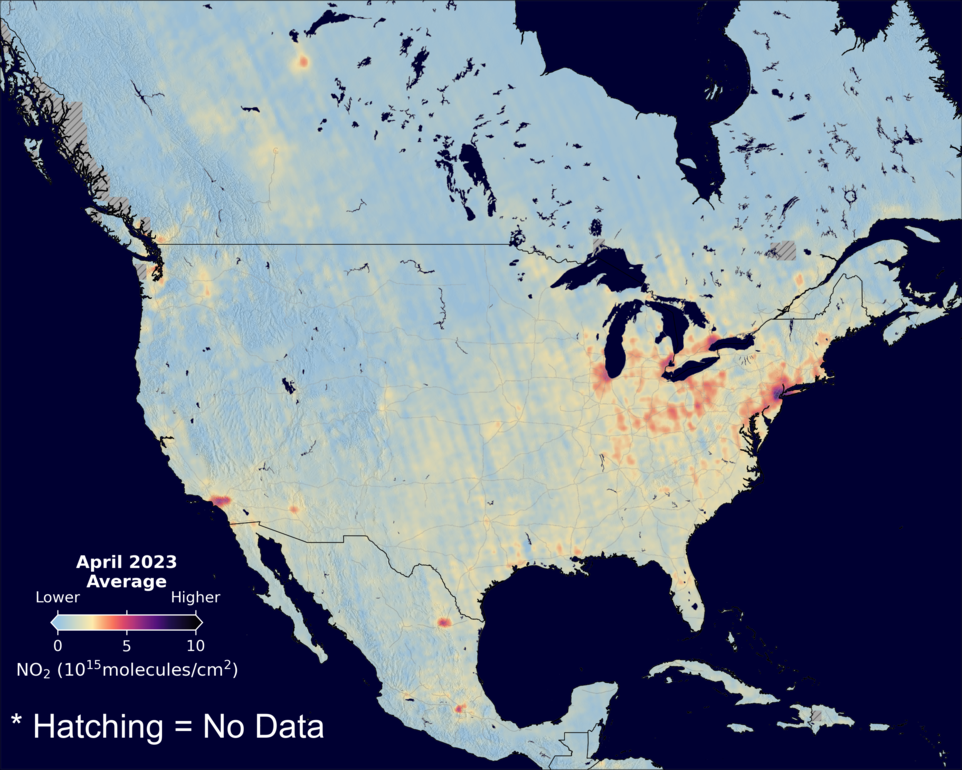 An average nitrogen dioxide image over NorthAmerica for April 2023.