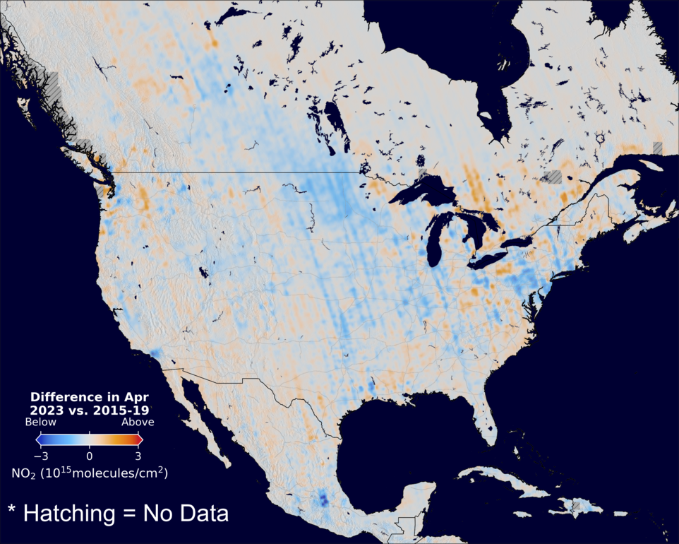 The average minus the baseline nitrogen dioxide image over NorthAmerica for April 2023.