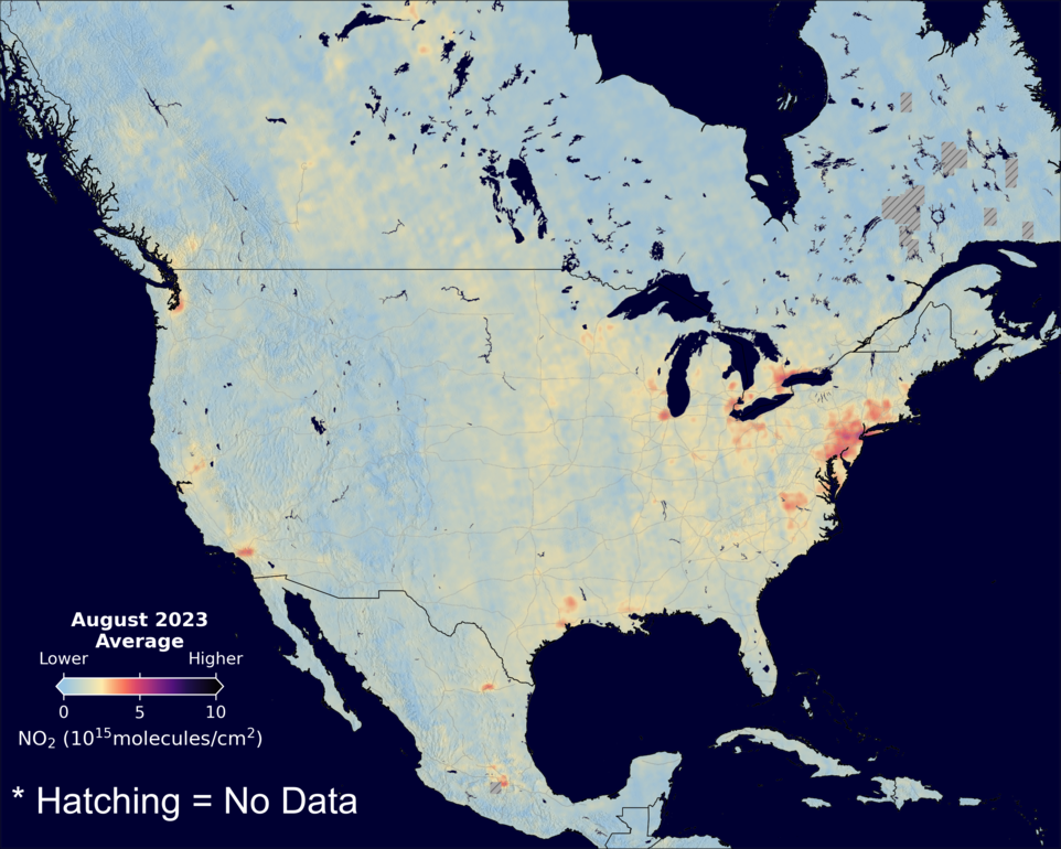 An average nitrogen dioxide image over NorthAmerica for August 2023.