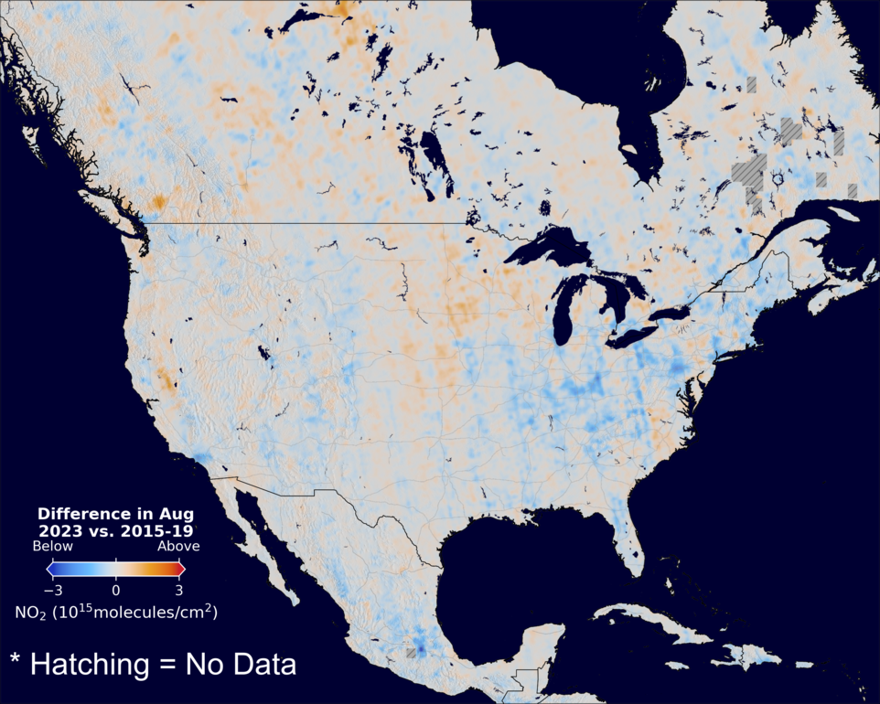The average minus the baseline nitrogen dioxide image over NorthAmerica for August 2023.