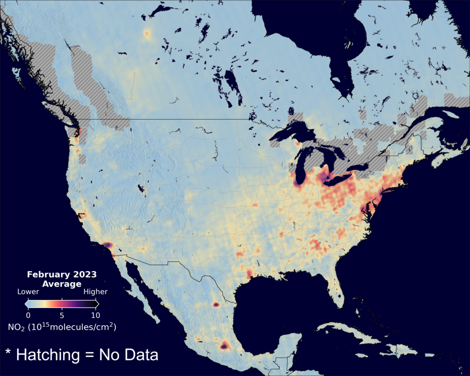 An average nitrogen dioxide image over NorthAmerica for February 2023.