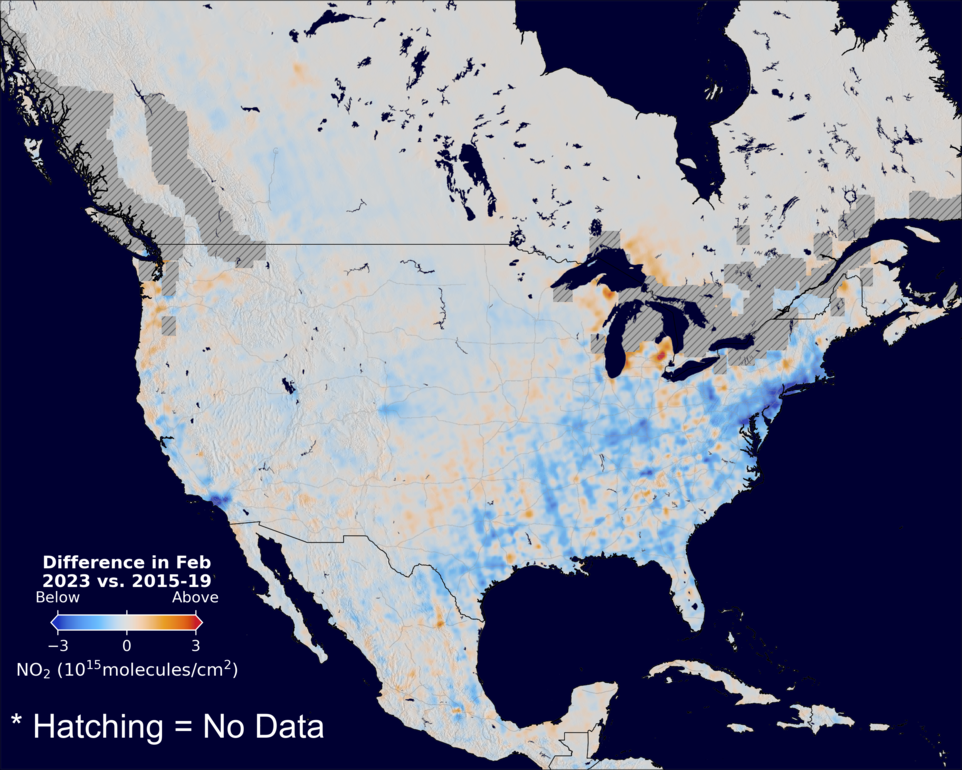 The average minus the baseline nitrogen dioxide image over NorthAmerica for February 2023.