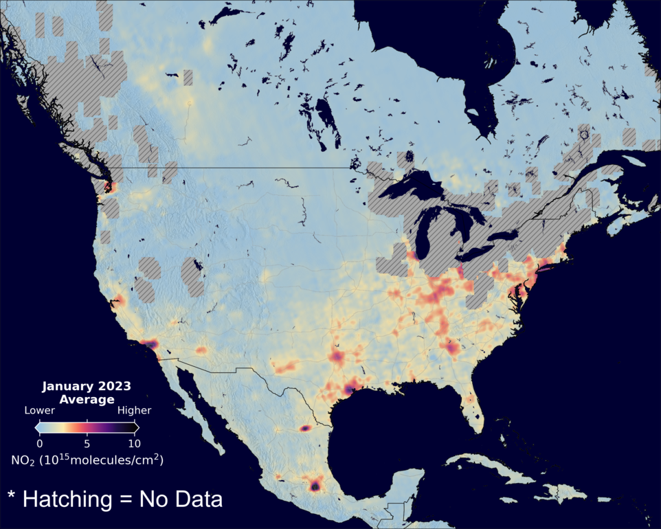 An average nitrogen dioxide image over NorthAmerica for January 2023.