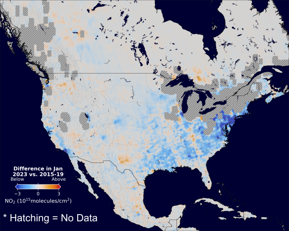 The average minus the baseline nitrogen dioxide image over NorthAmerica for January 2023.
