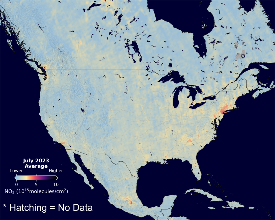An average nitrogen dioxide image over NorthAmerica for July 2023.