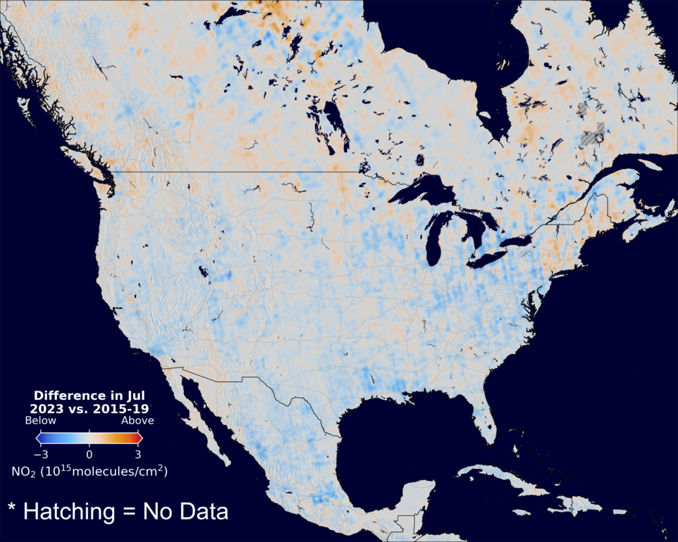 The average minus the baseline nitrogen dioxide image over NorthAmerica for July 2023.