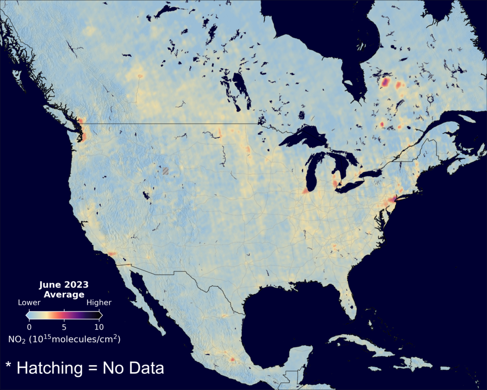 An average nitrogen dioxide image over NorthAmerica for June 2023.