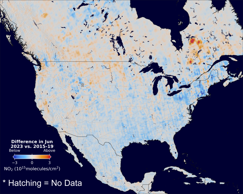 The average minus the baseline nitrogen dioxide image over NorthAmerica for June 2023.