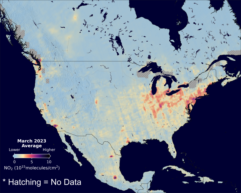 An average nitrogen dioxide image over NorthAmerica for March 2023.
