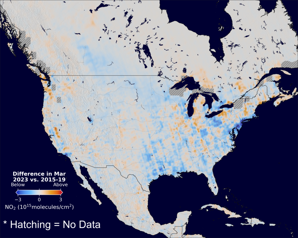 The average minus the baseline nitrogen dioxide image over NorthAmerica for March 2023.