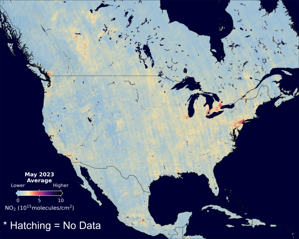 An average nitrogen dioxide image over NorthAmerica for May 2023.
