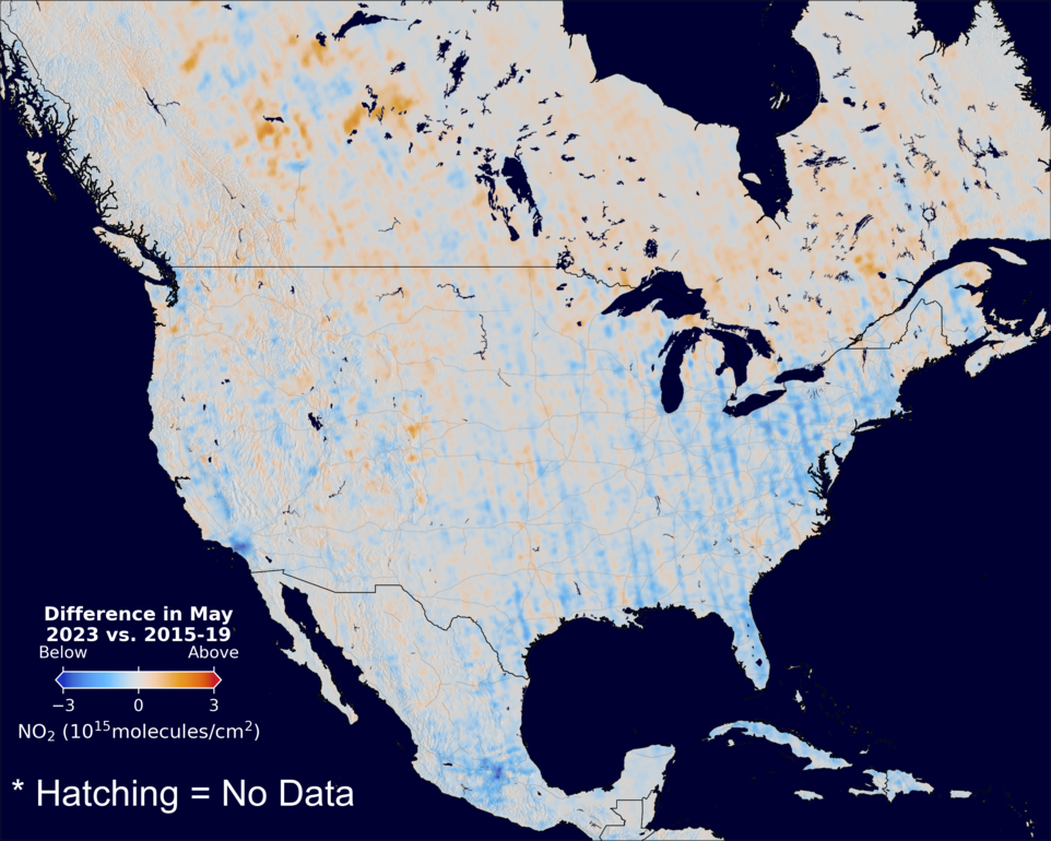 The average minus the baseline nitrogen dioxide image over NorthAmerica for May 2023.