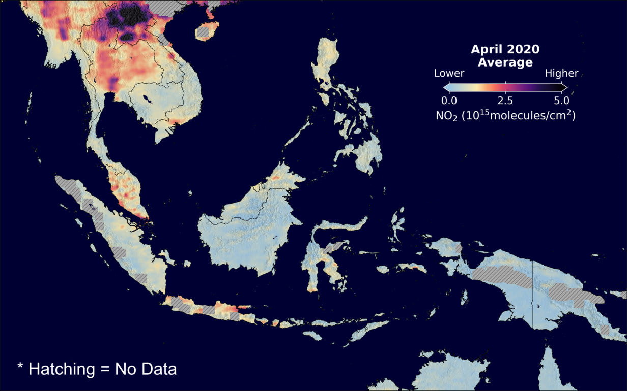 An average nitrogen dioxide image over SEAsia for April 2020.