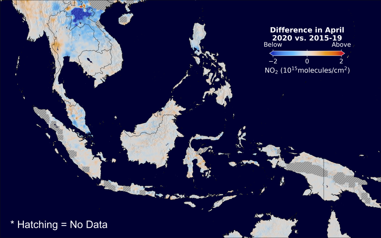 The average minus the baseline nitrogen dioxide image over SEAsia for April 2020.