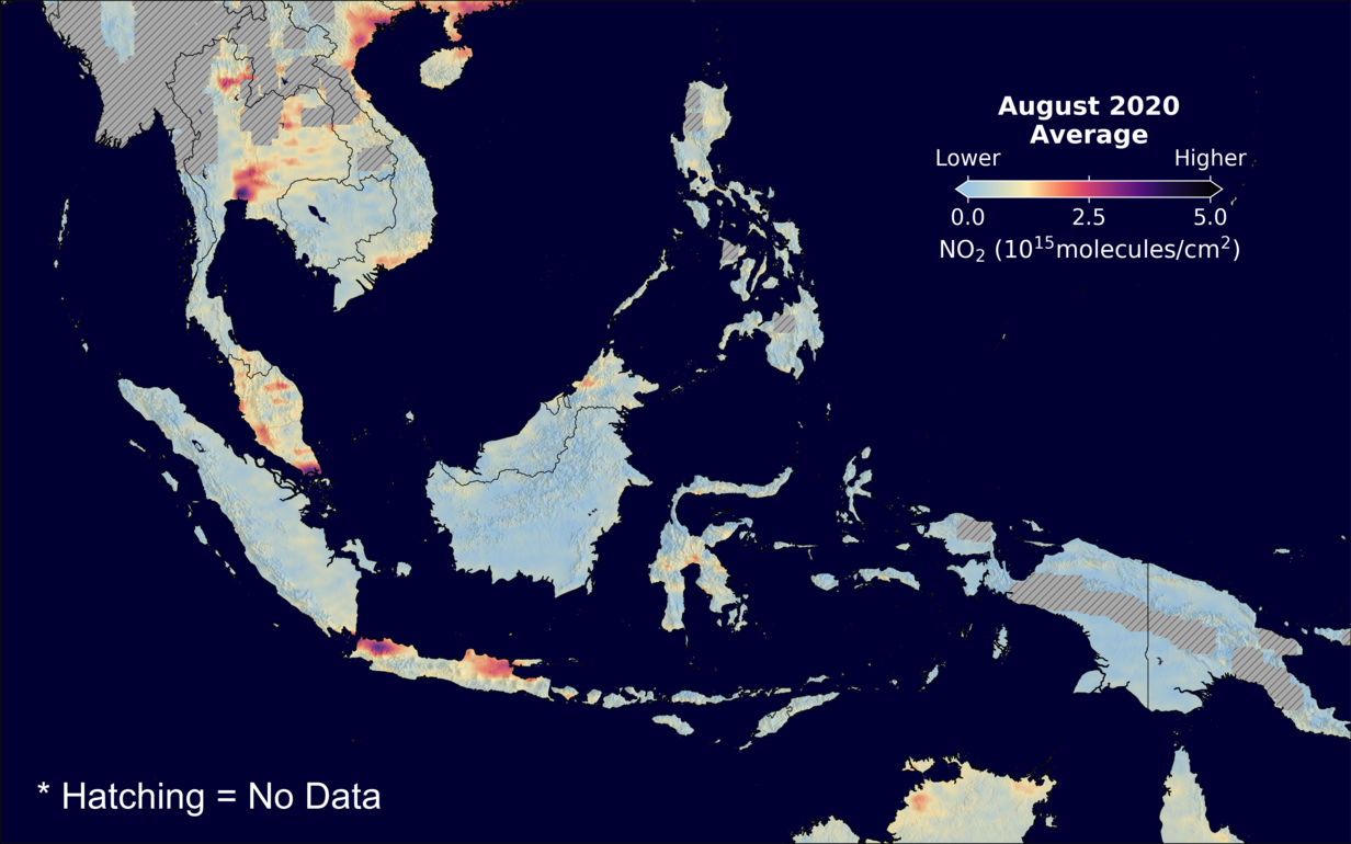 An average nitrogen dioxide image over SEAsia for August 2020.
