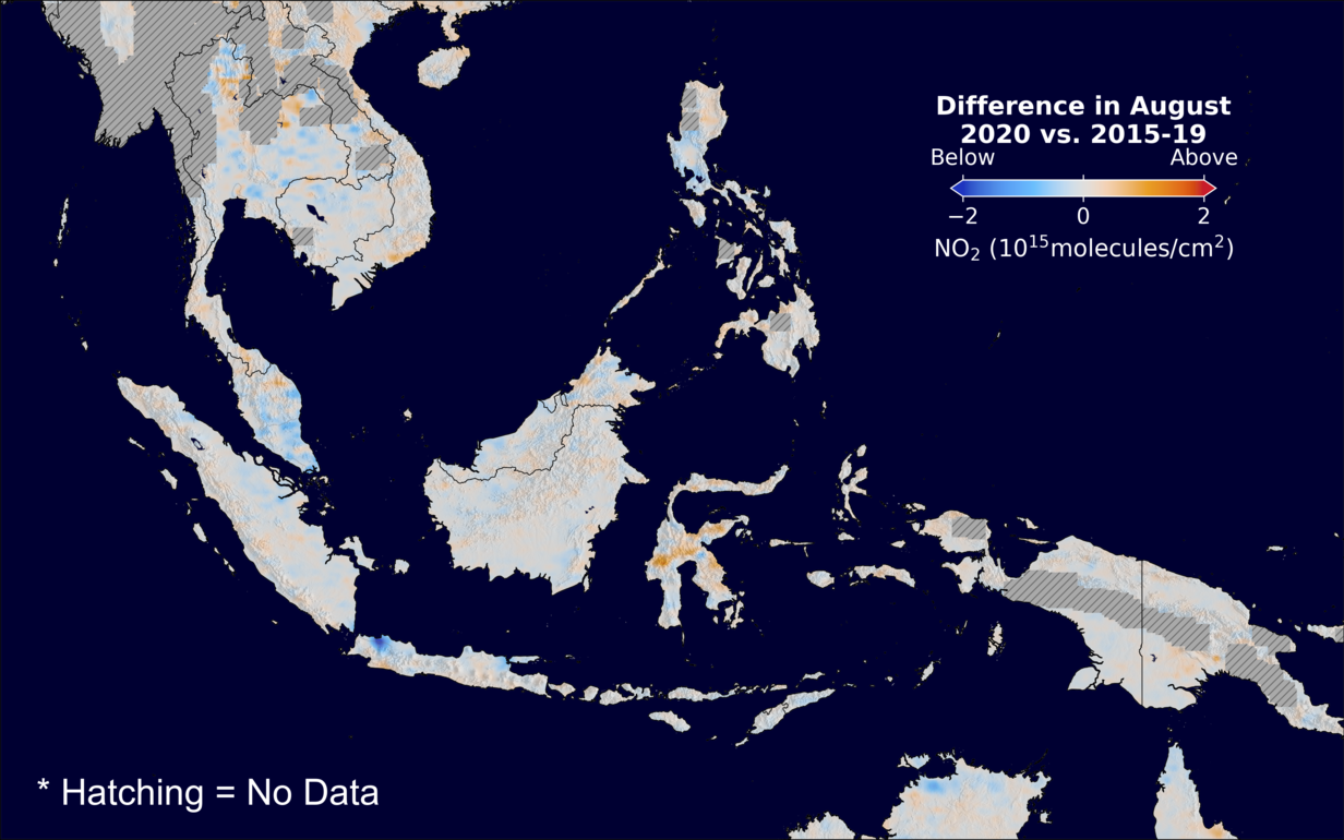 The average minus the baseline nitrogen dioxide image over SEAsia for August 2020.
