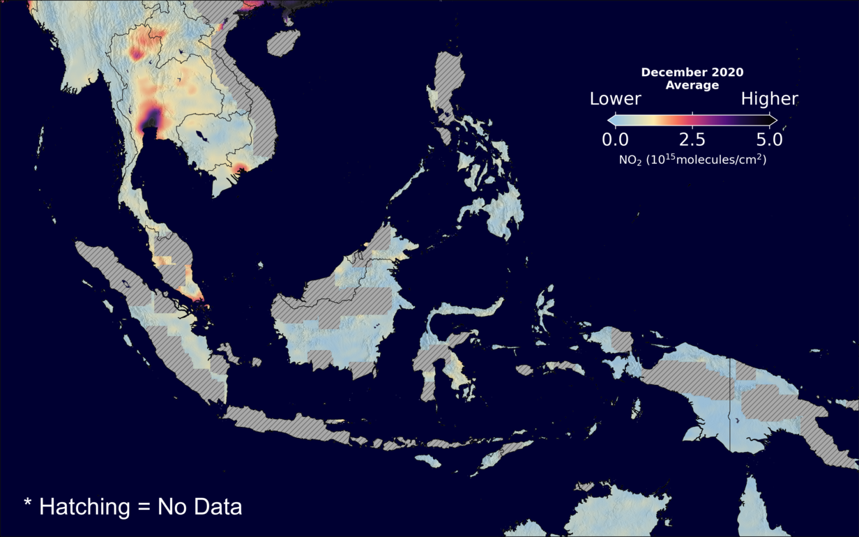 An average nitrogen dioxide image over SEAsia for December 2020.