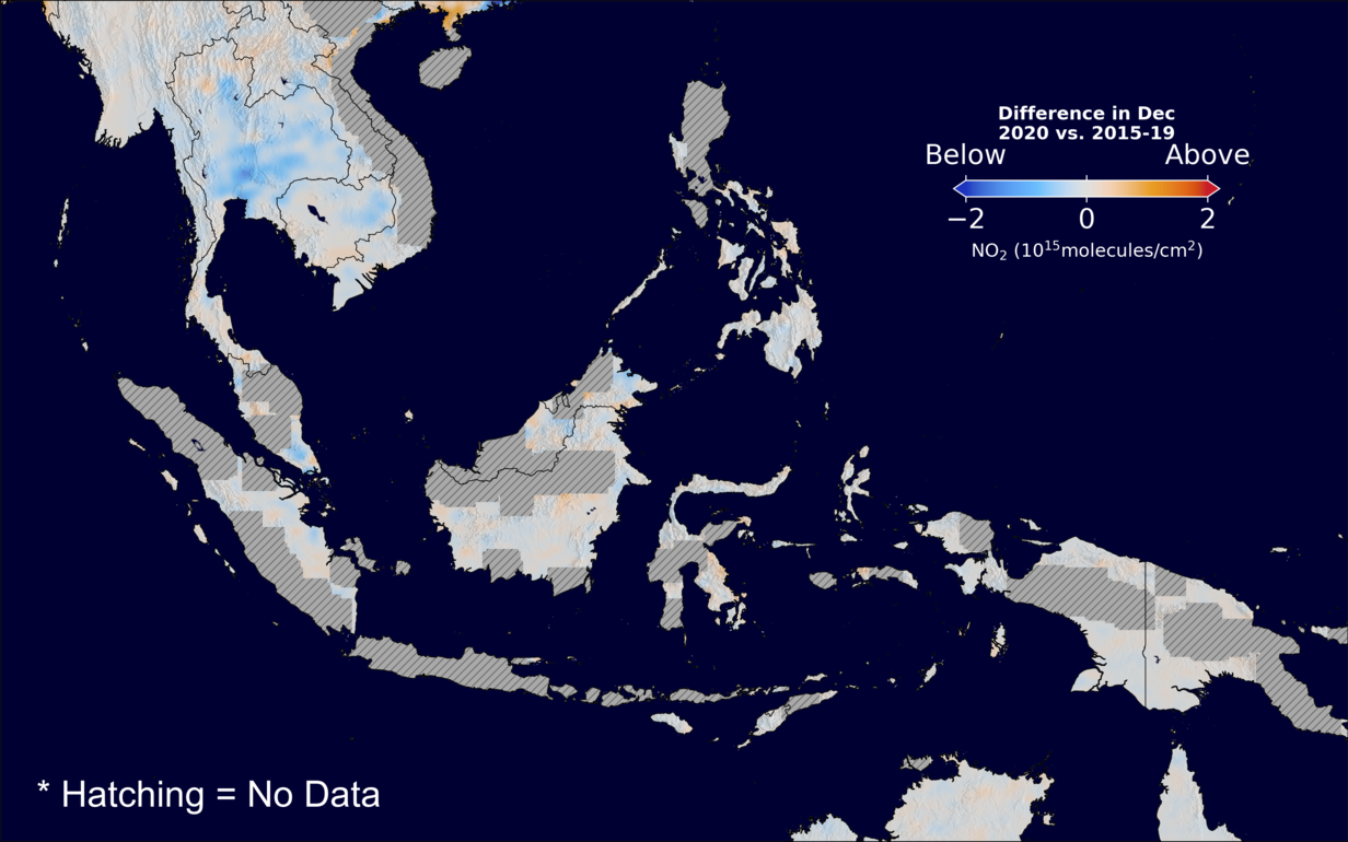 The average minus the baseline nitrogen dioxide image over SEAsia for December 2020.