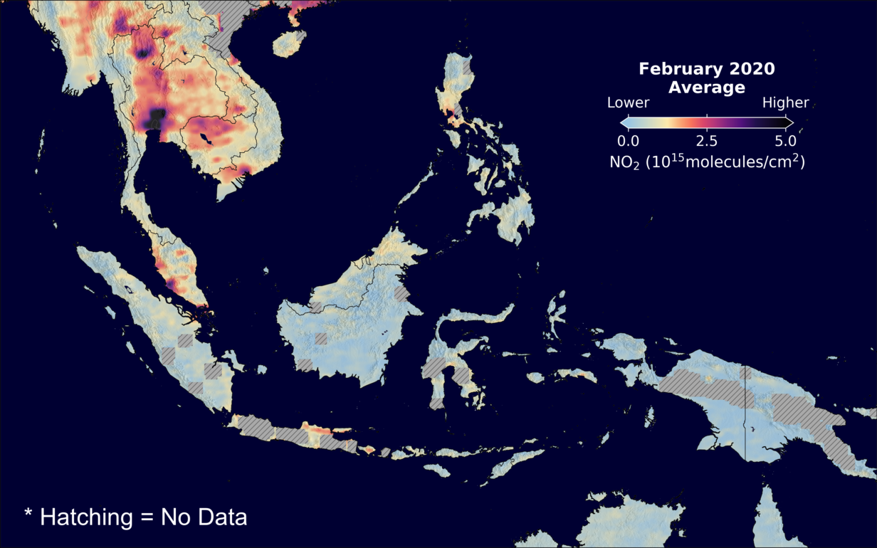 An average nitrogen dioxide image over SEAsia for February 2020.