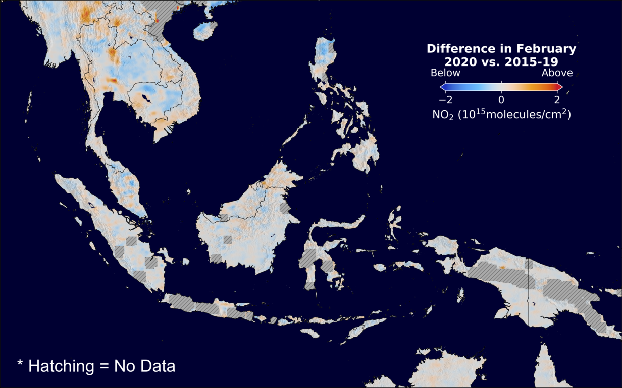 The average minus the baseline nitrogen dioxide image over SEAsia for February 2020.