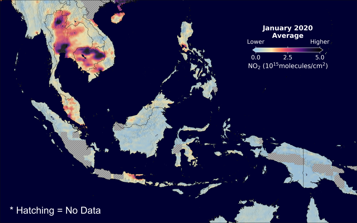 An average nitrogen dioxide image over SEAsia for January 2020.
