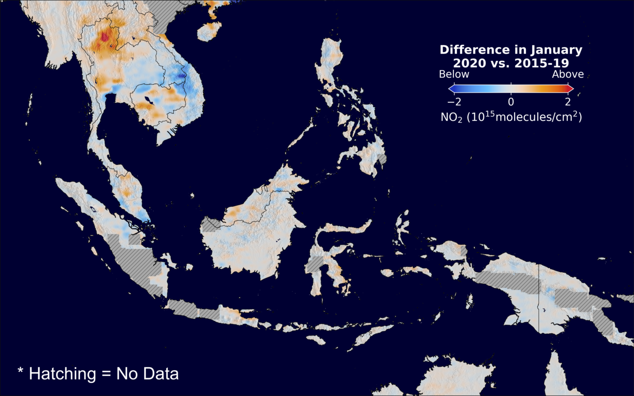 The average minus the baseline nitrogen dioxide image over SEAsia for January 2020.