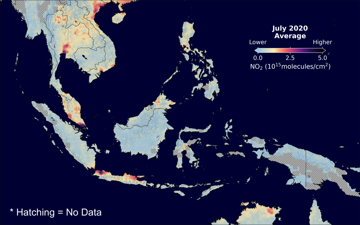An average nitrogen dioxide image over SEAsia for July 2020.