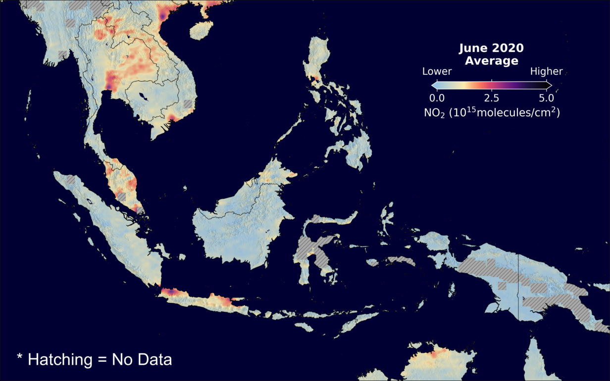 An average nitrogen dioxide image over SEAsia for June 2020.