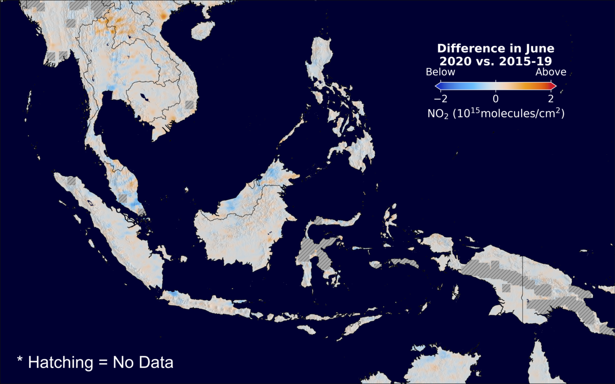 The average minus the baseline nitrogen dioxide image over SEAsia for June 2020.