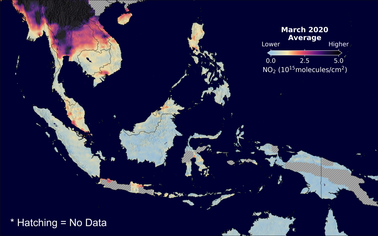 An average nitrogen dioxide image over SEAsia for March 2020.