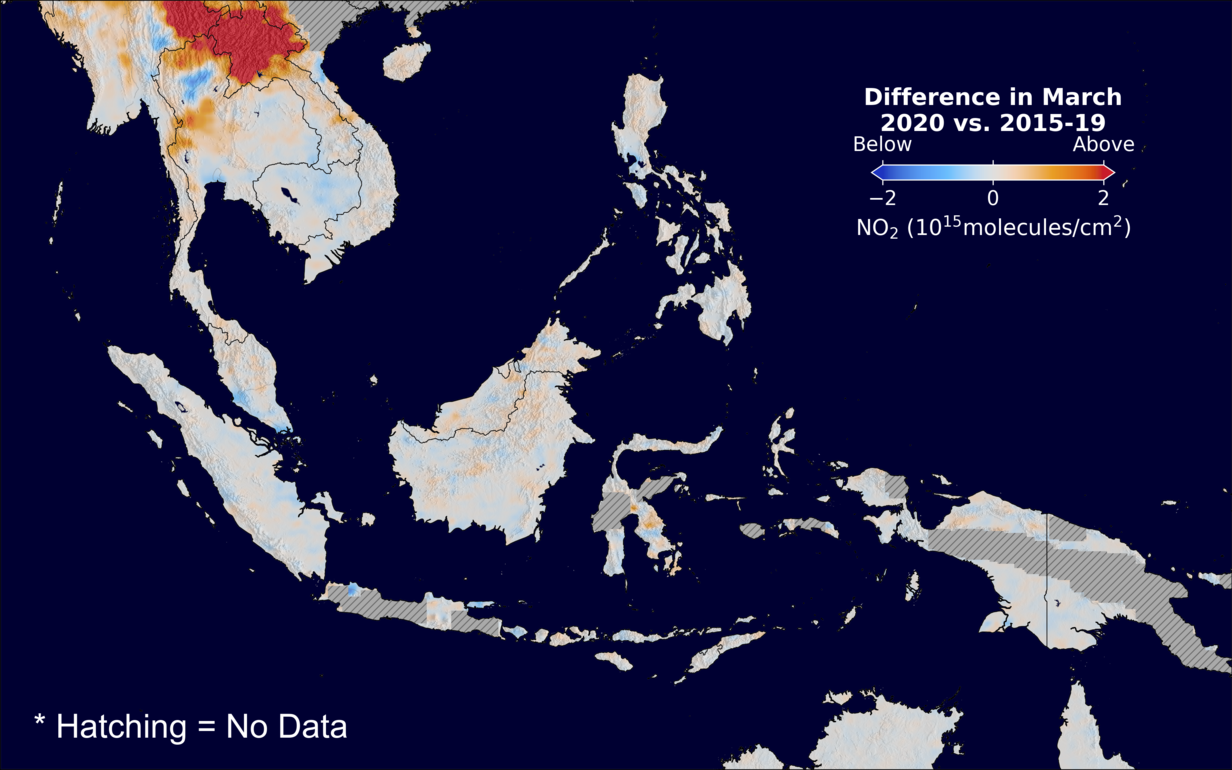 The average minus the baseline nitrogen dioxide image over SEAsia for March 2020.