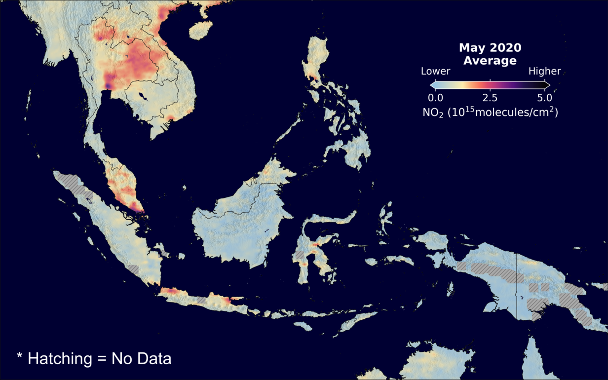 An average nitrogen dioxide image over SEAsia for May 2020.