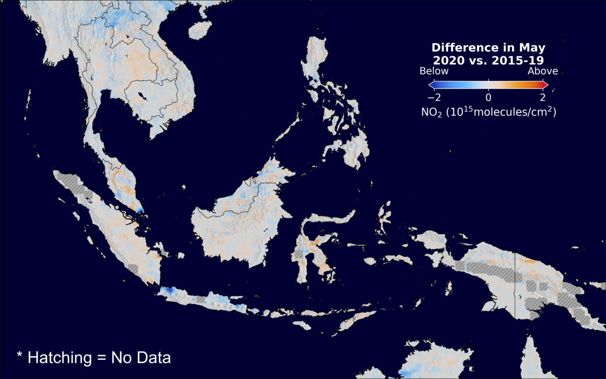 The average minus the baseline nitrogen dioxide image over SEAsia for May 2020.