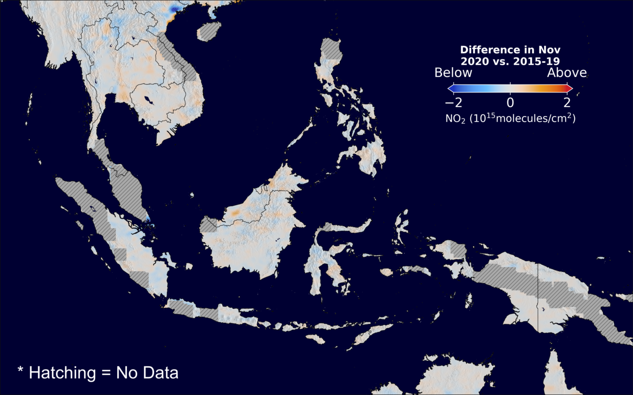 The average minus the baseline nitrogen dioxide image over SEAsia for November 2020.