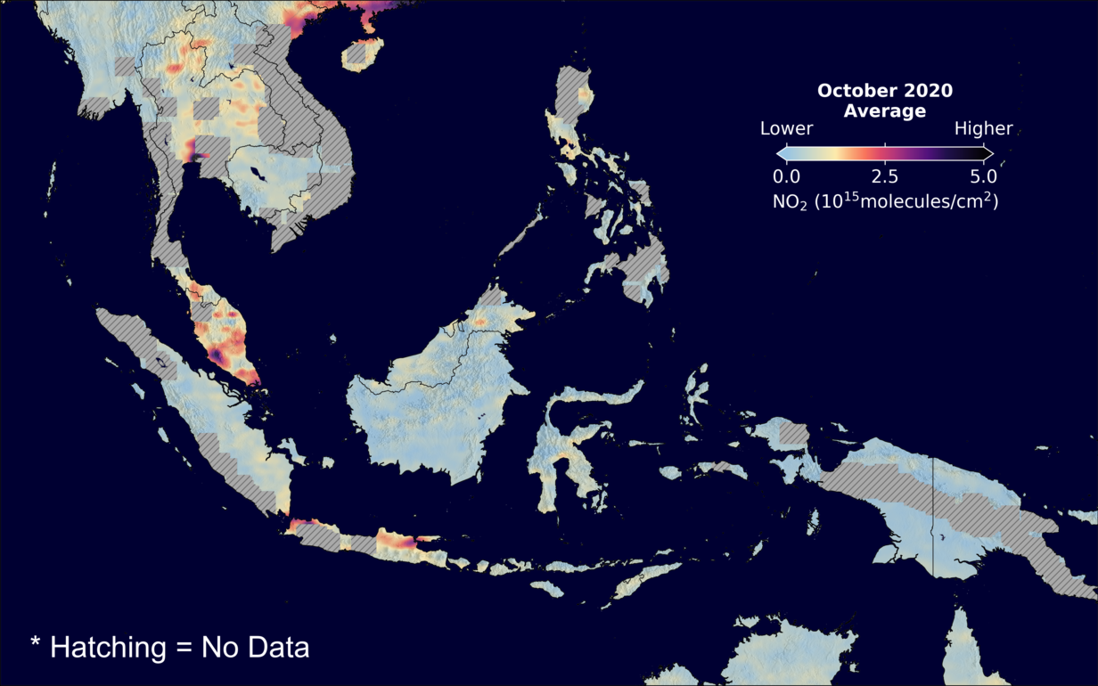 An average nitrogen dioxide image over SEAsia for October 2020.