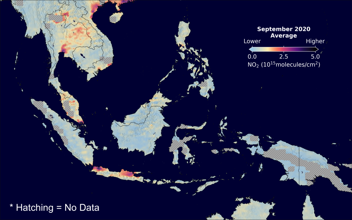 An average nitrogen dioxide image over SEAsia for September 2020.