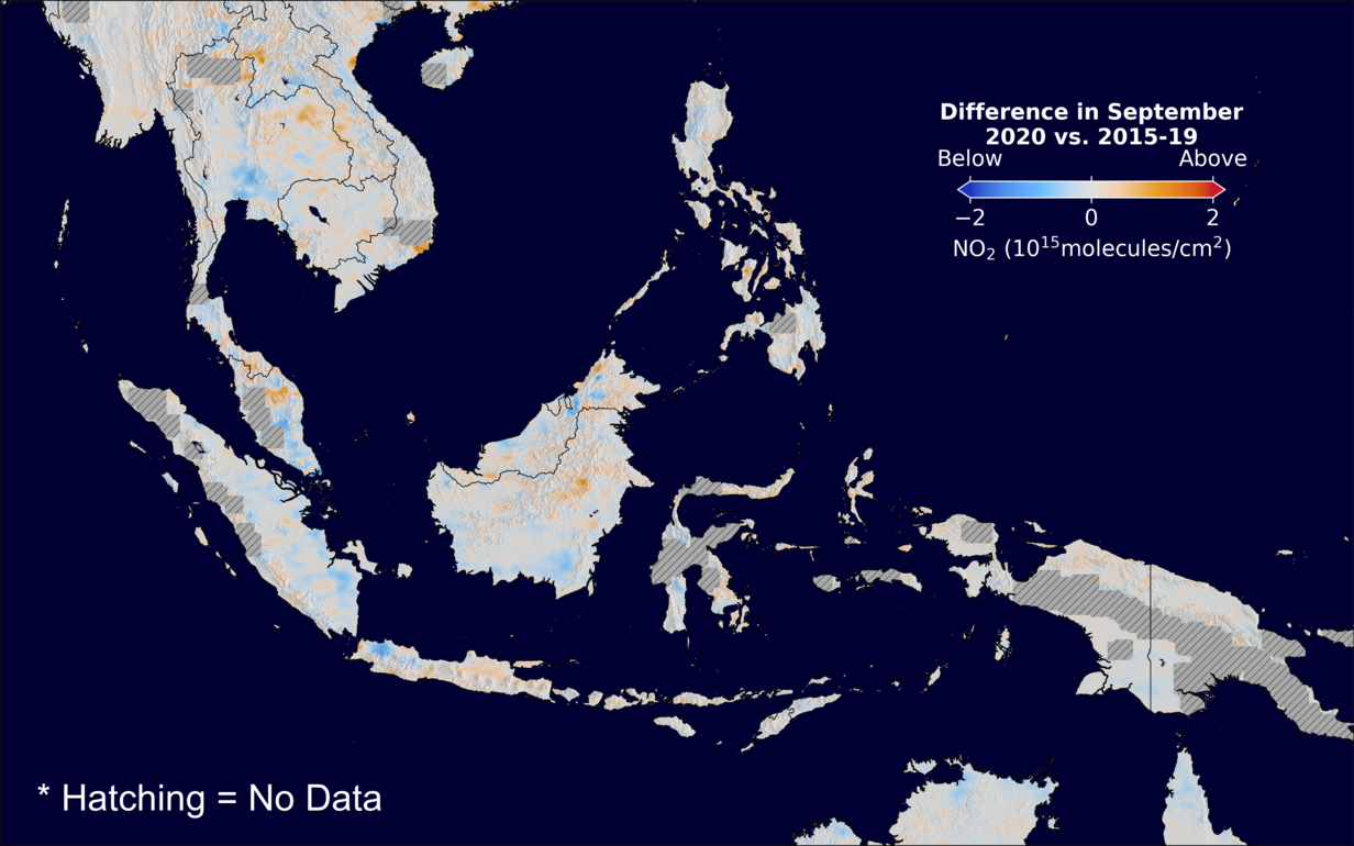 The average minus the baseline nitrogen dioxide image over SEAsia for September 2020.