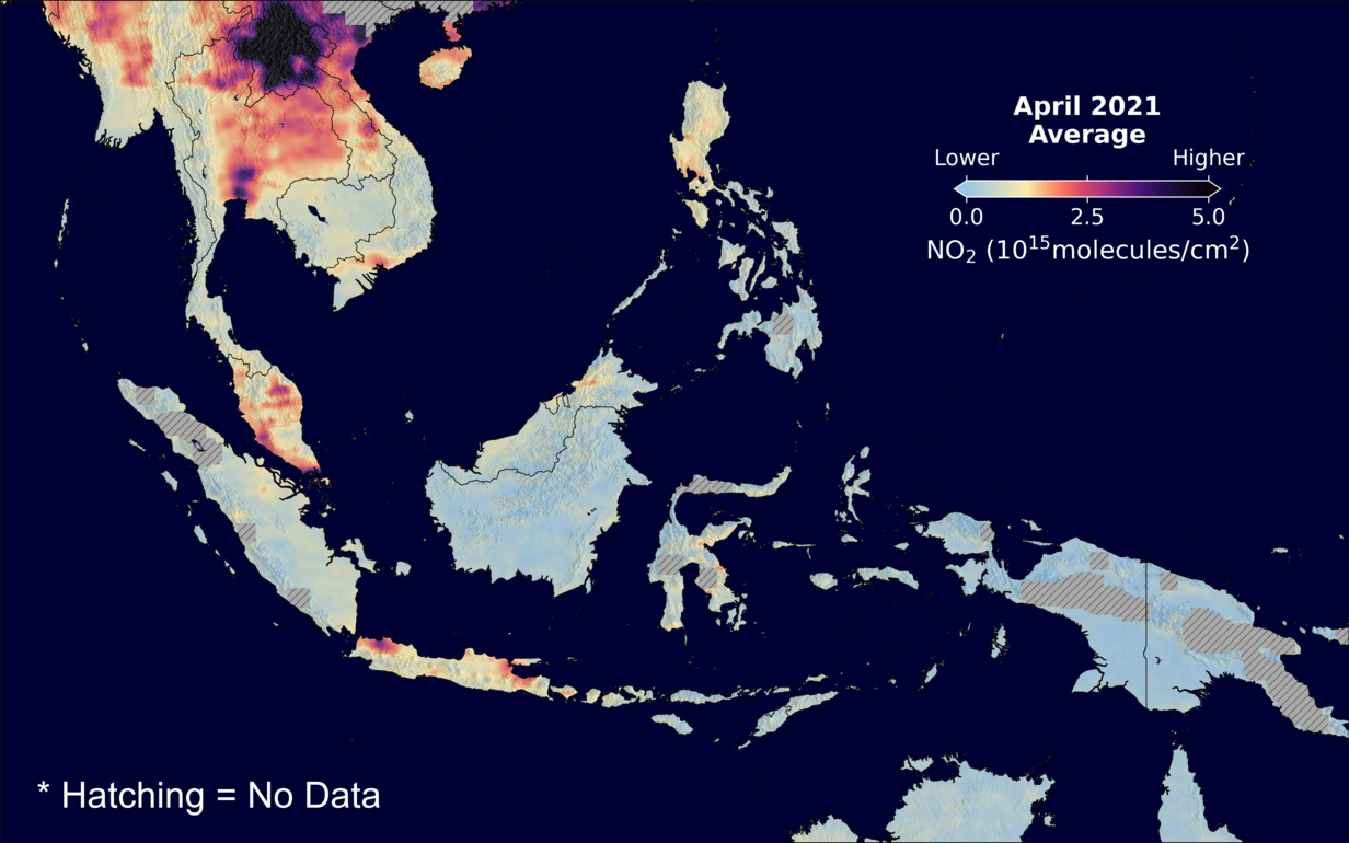 An average nitrogen dioxide image over SEAsia for April 2021.