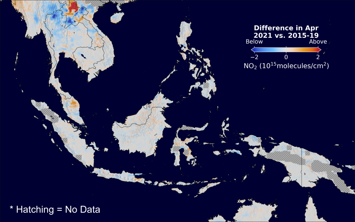 The average minus the baseline nitrogen dioxide image over SEAsia for April 2021.