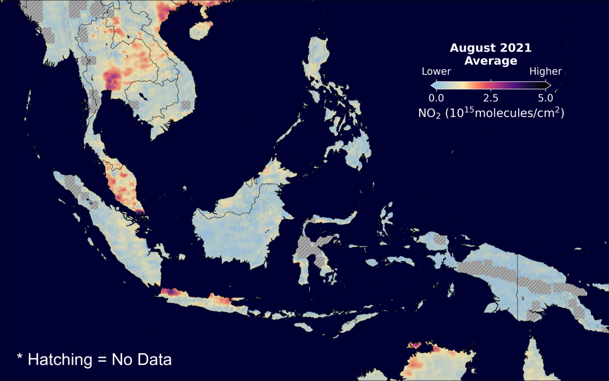 An average nitrogen dioxide image over SEAsia for August 2021.