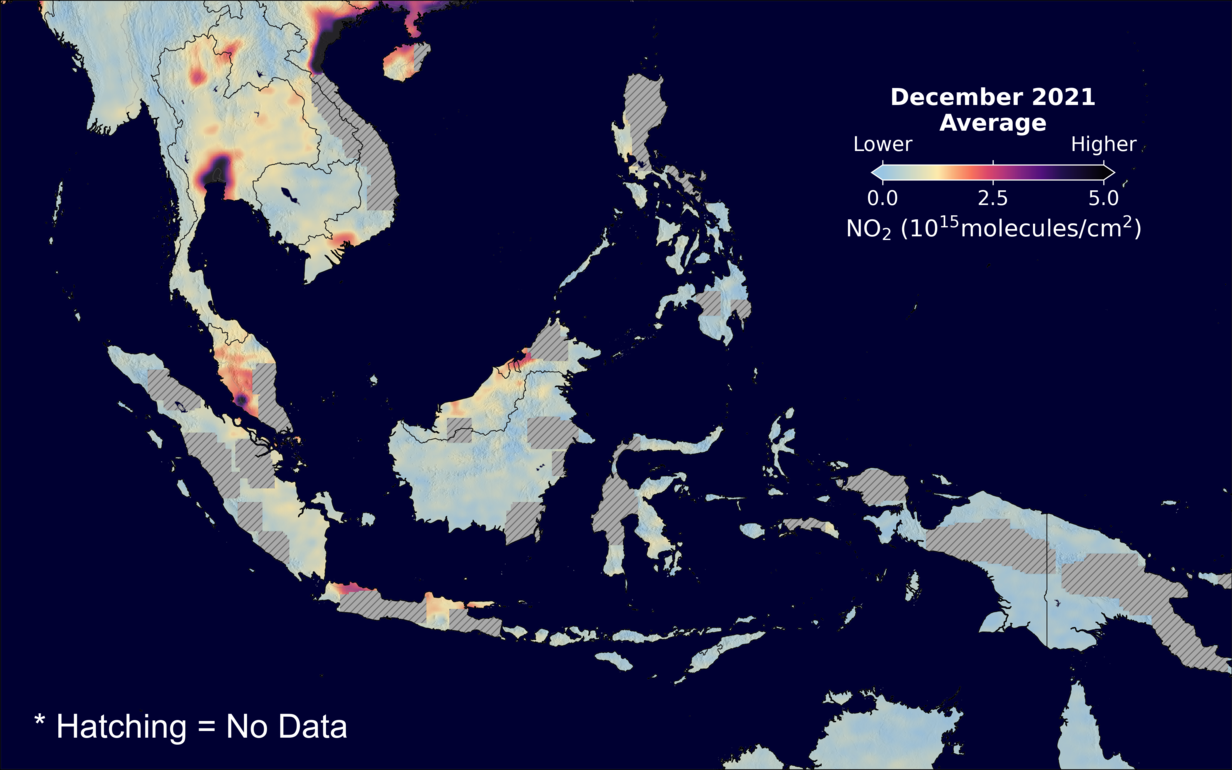 An average nitrogen dioxide image over SEAsia for December 2021.