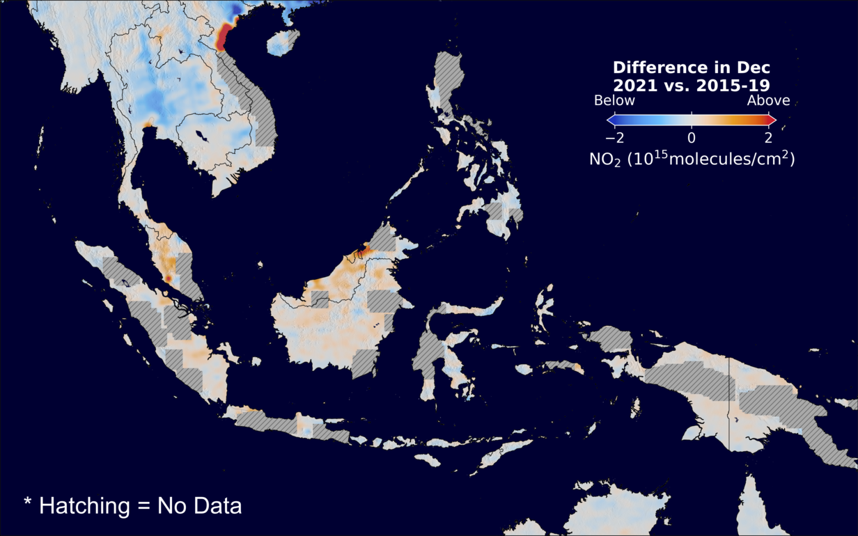 The average minus the baseline nitrogen dioxide image over SEAsia for December 2021.